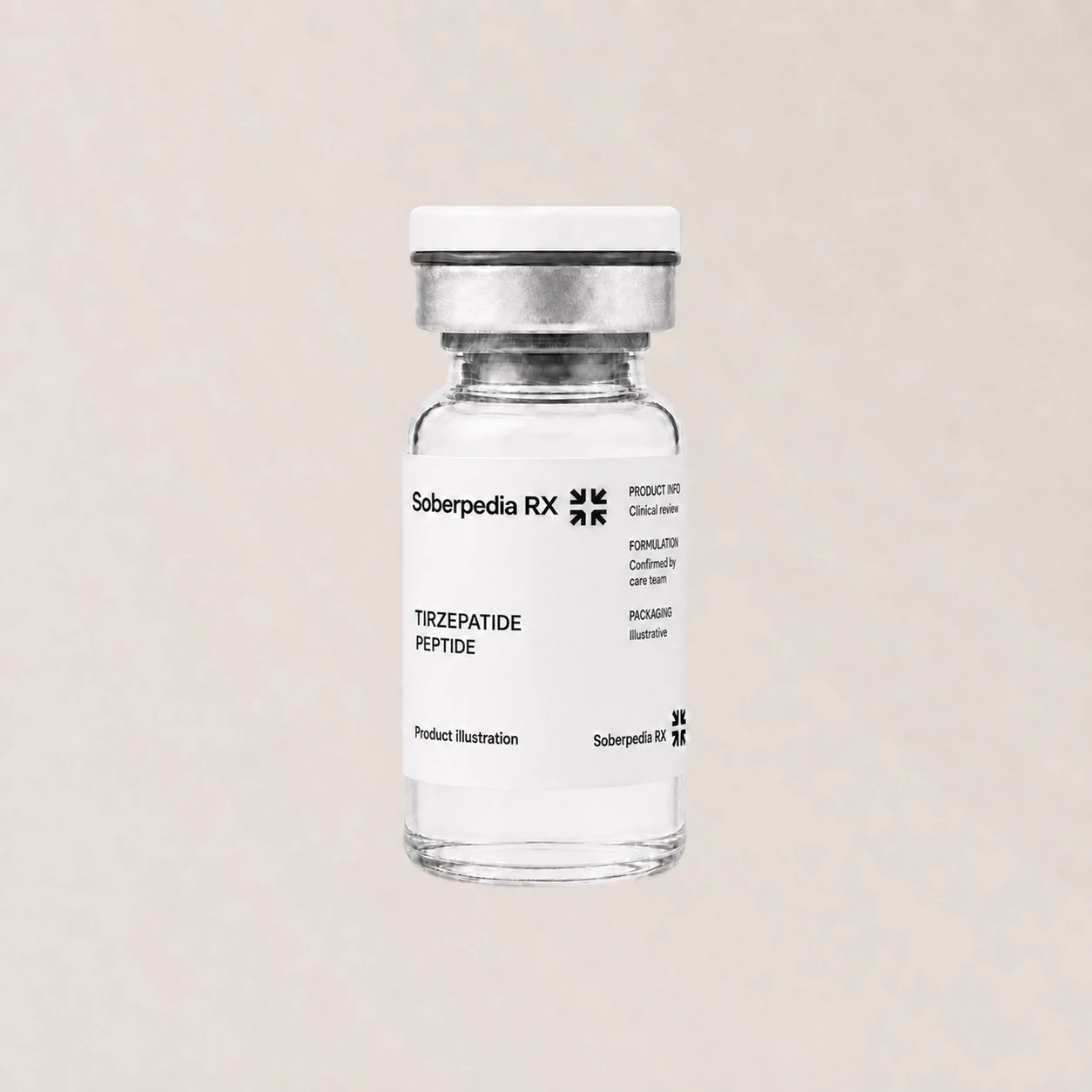 Tirzepatide vial product illustration by Soberpedia RX
